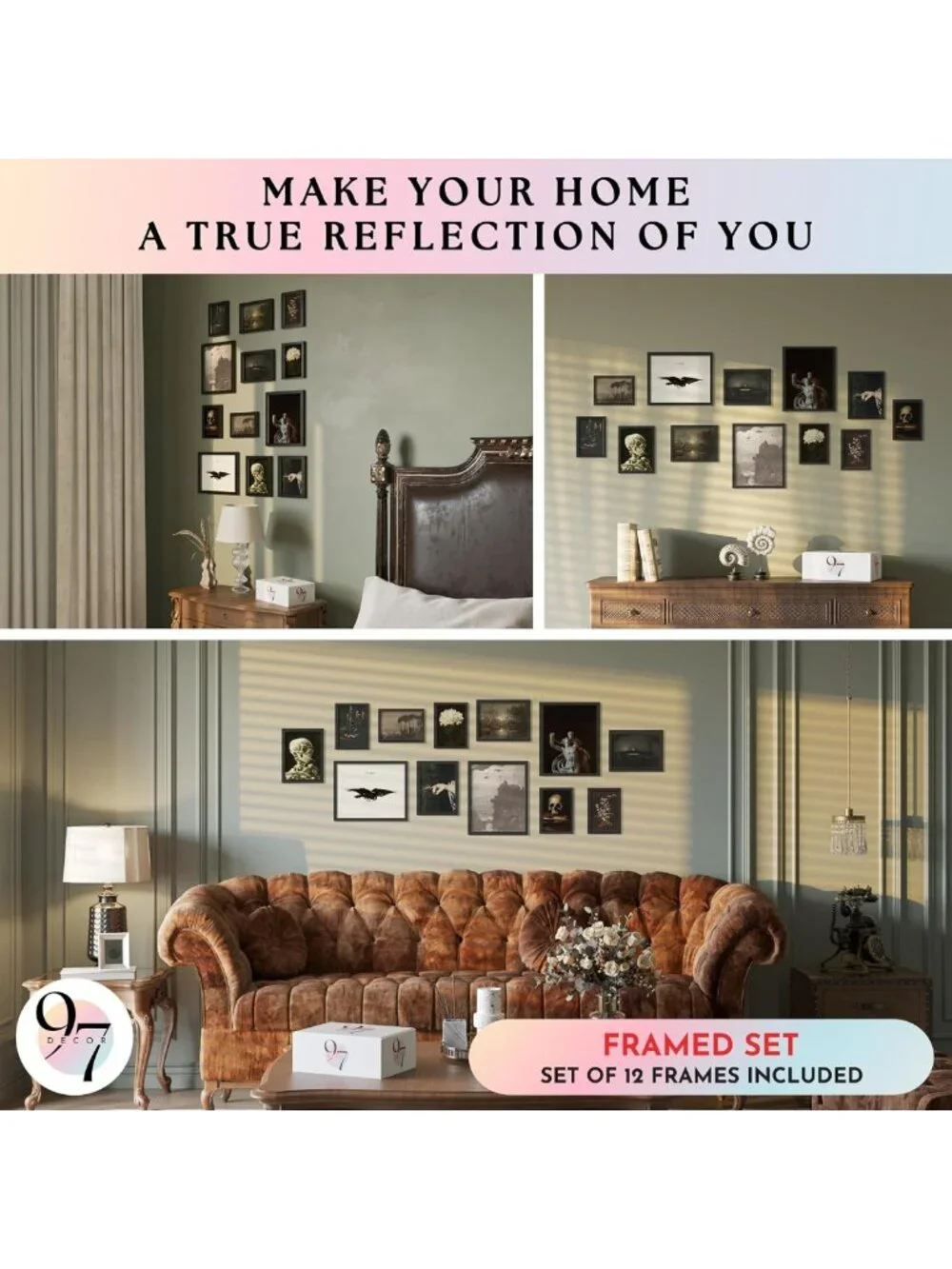 Gothic Wall Art Set - 12 Dark Academia Prints in Black Frame for Home Decor